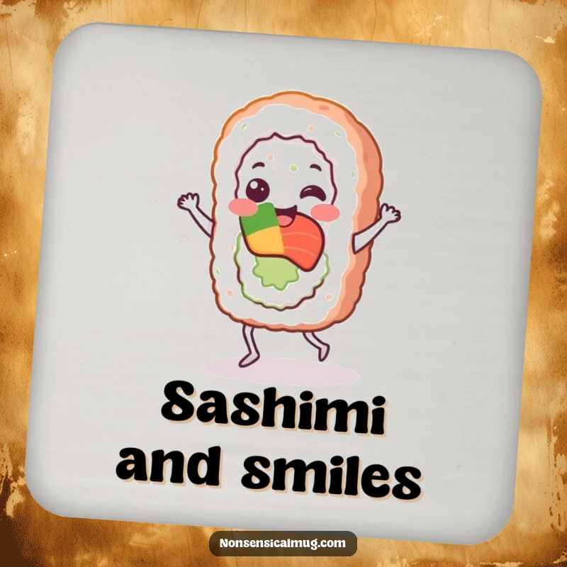 Funny sushi roll character in a joyful dance on a protective drink coaster, adding humor to tabletops.