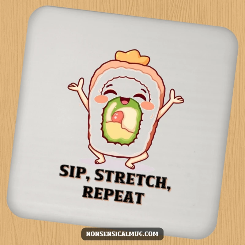 Funny sushi roll in a yoga pose, designed as coasters for a humorous and zen drink setup.
