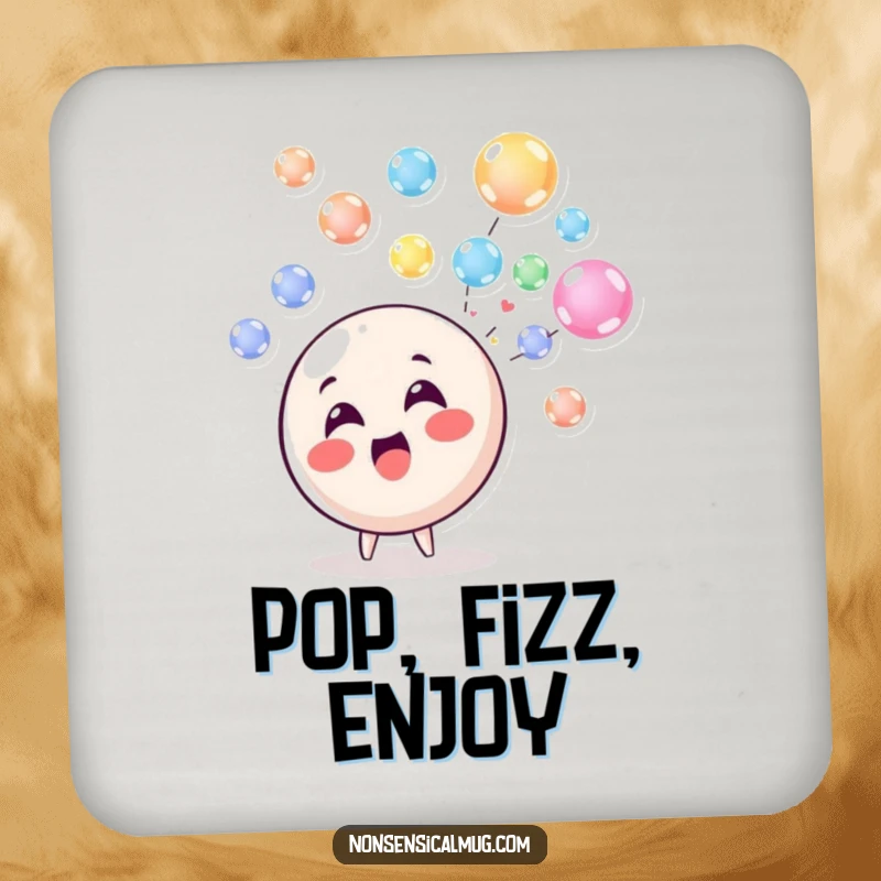 Funny Drink Coasters: A delighted circle character blowing a stream of colorful, floating bubbles, protecting tables with humor.