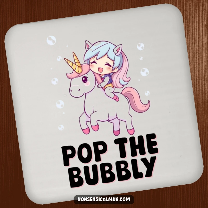 Funny drink coaster with a character riding a unicorn made of shimmering bubbles. A magical and functional accessory.