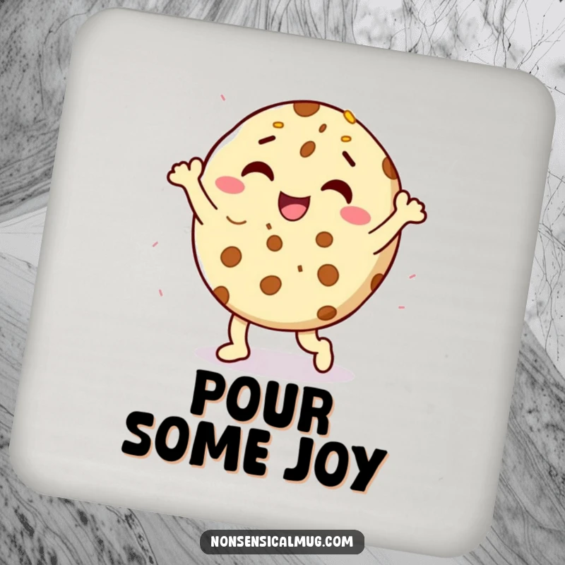 Funny delighted cookie character doing a happy dance with sprinkles on a drink coaster, a small yet humorous protective accessory.