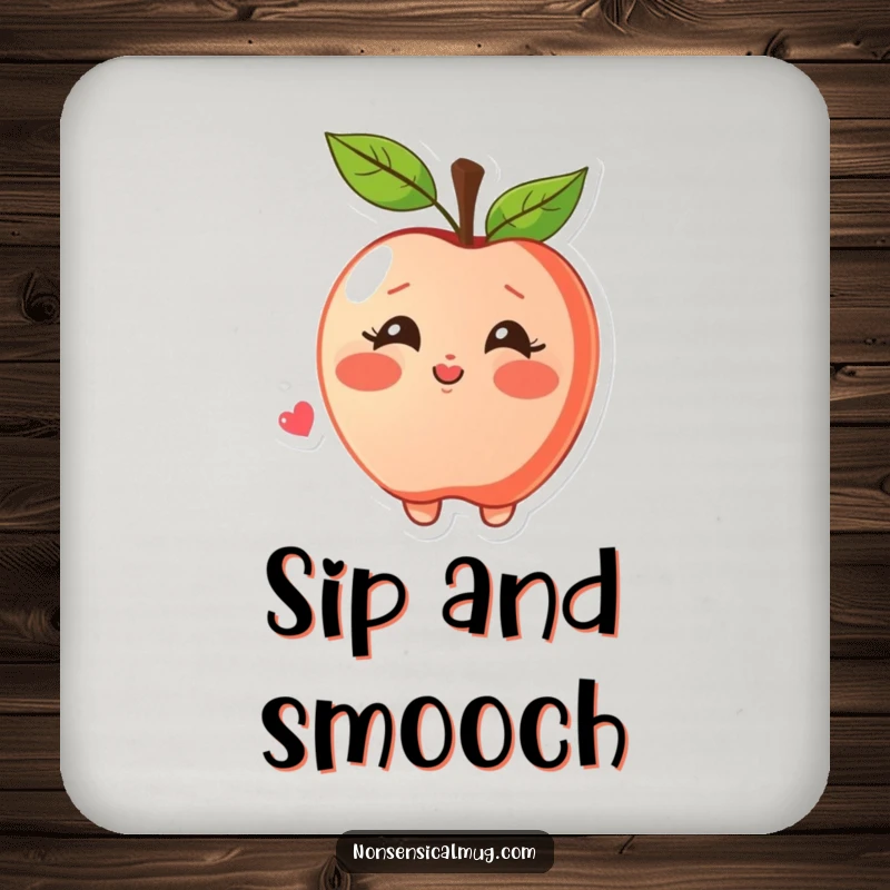 Funny drink coasters depicting a blushing apple character joyfully blowing a kiss, perfect for adding sweet humor to tabletops.