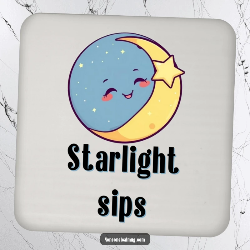 Funny smiling moon winking at a twinkling star on a drink coaster, adding cosmic flair.