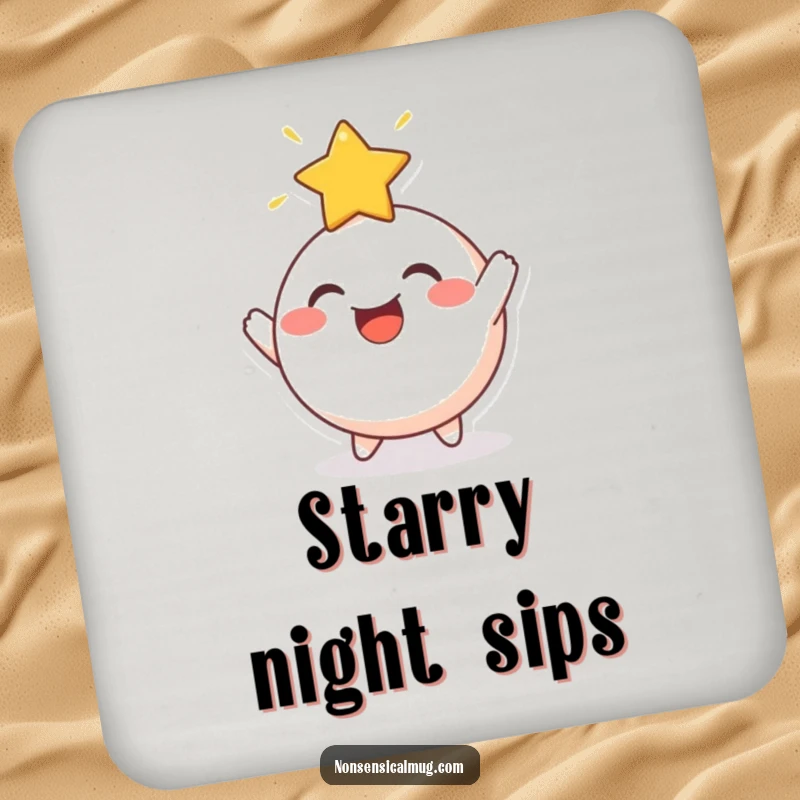 Funny Drink Coasters: A cheerful, round character joyfully bouncing a radiant star off its head, adding cosmic flair.