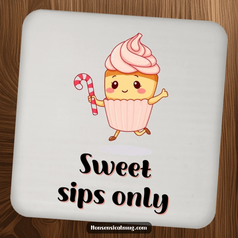 Funny kawaii cupcake character jumping rope with a candy cane on a drink coaster, a small yet humorous protective accessory.