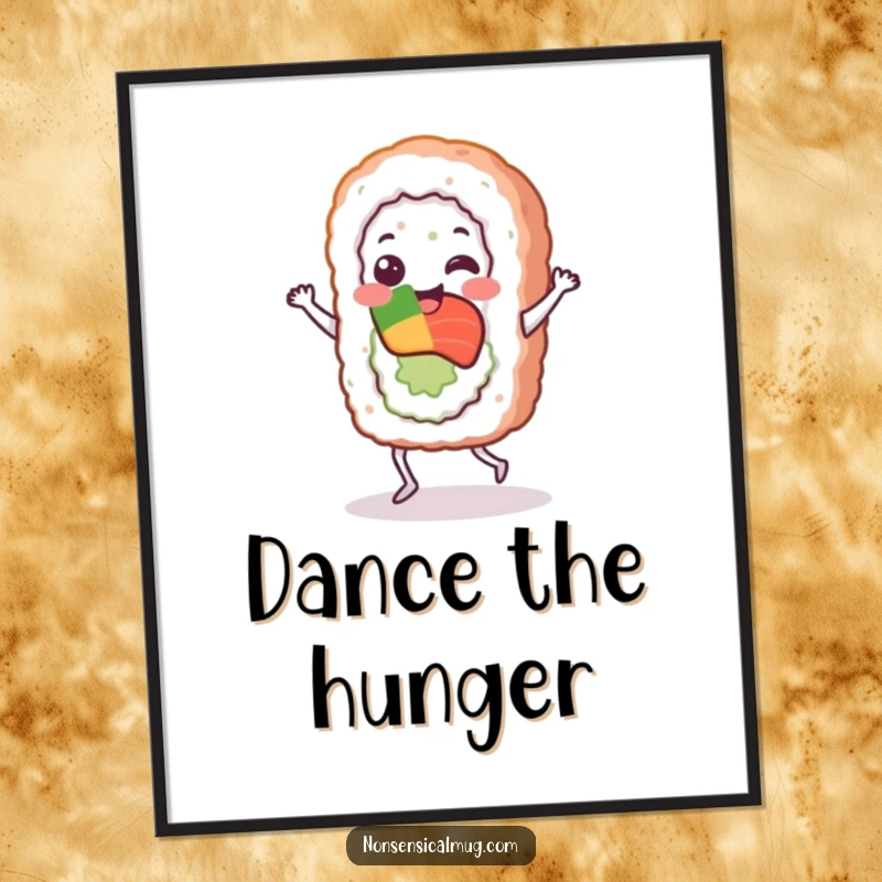 Funny sushi roll character in a dynamic dance pose, full of joy, presented as a vibrant wall poster.