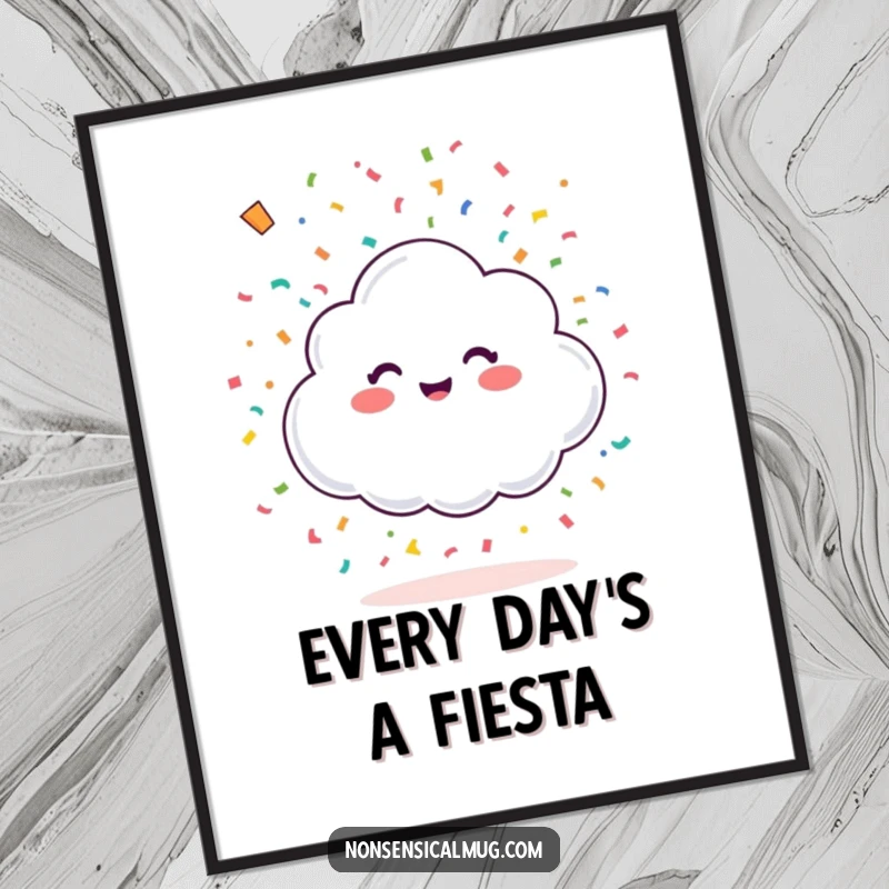 Funny happy little cloud showering colorful confetti from above on a poster, creating a vibrant and joyful piece of wall art.