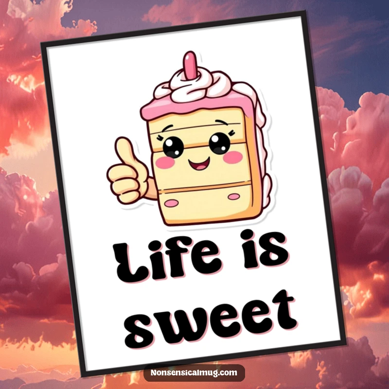 Funny poster featuring a giddy slice of cake enthusiastically giving a thumbs up, celebrating sweet moments.