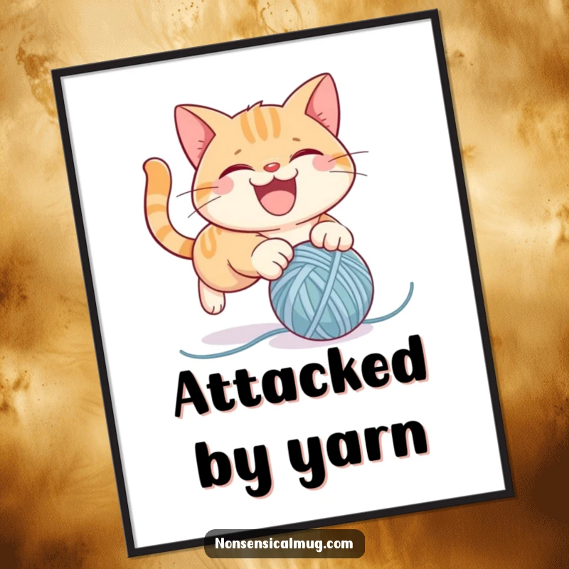 Funny cat poster capturing a mischievous cat character mid-pounce on a bouncy ball of yarn, creating a scene of playful delight.
