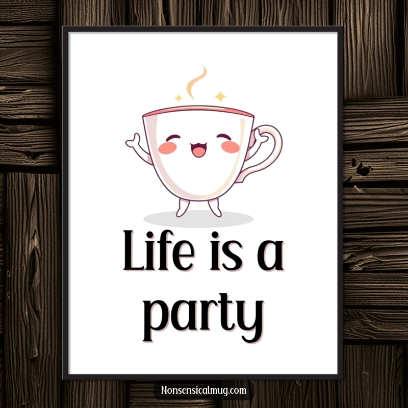 Funny teacup with tiny arms and legs, energetically dancing and twirling on a poster, full of life.