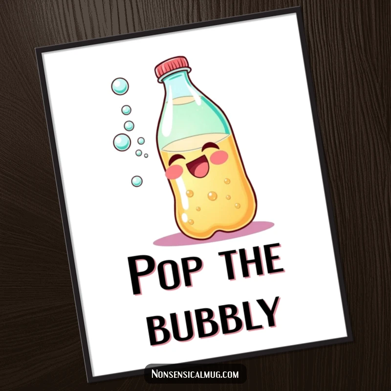 Funny giggling soda bottle poster, vibrant and playful, bringing humorous bubbly energy to any wall space.
