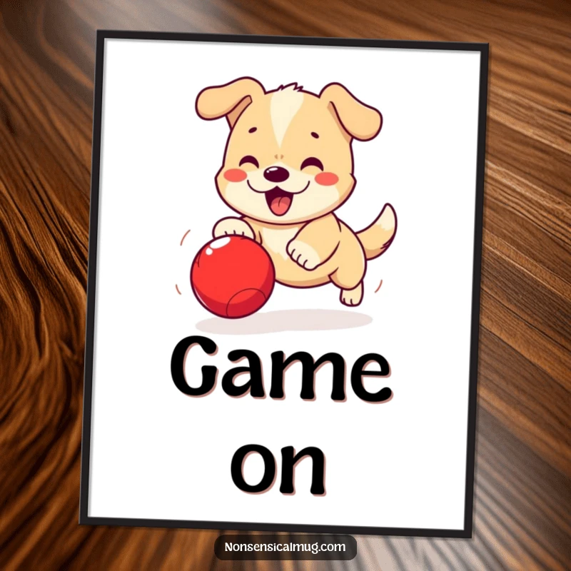 Funny Kawaii Dog Poster: A cute kawaii dog is depicted in motion, excitedly chasing a bouncing red ball.