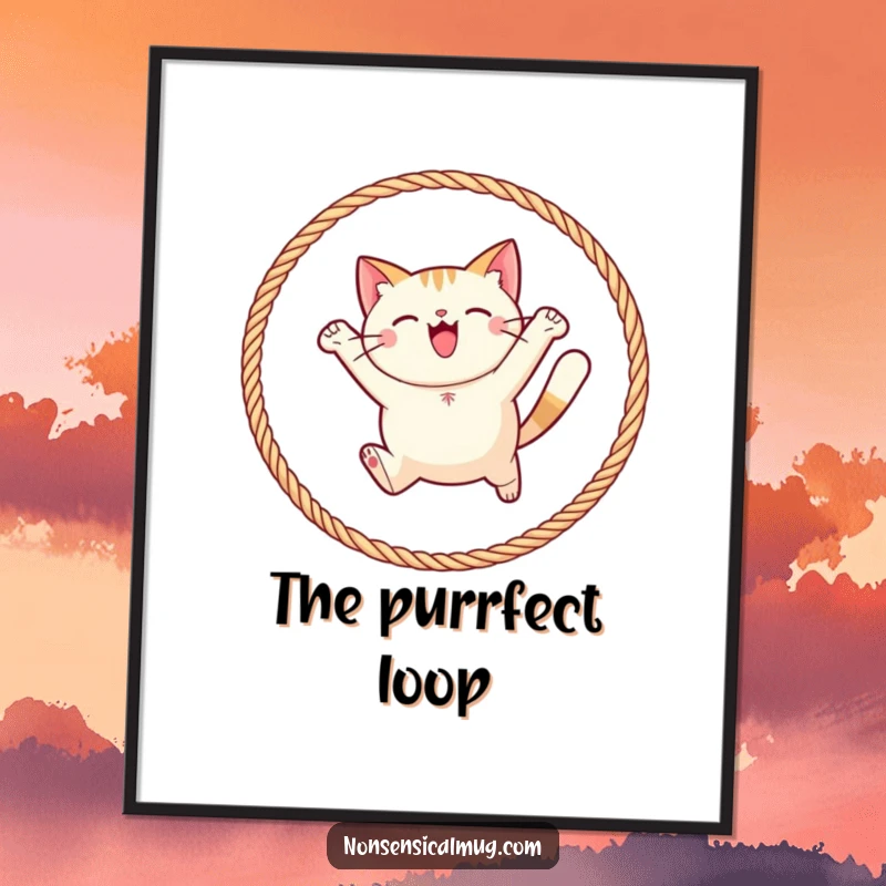 Funny round cat joyfully leaping through a hoop of yarn on a poster, creating a cheerful and playful piece of wall art.