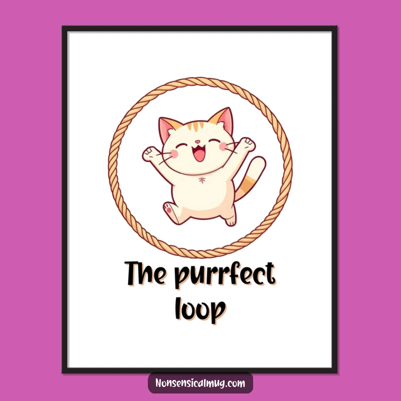 Funny Round Cat Yarn Hoop Poster: Joyful Leap Art, Perfect Gift!