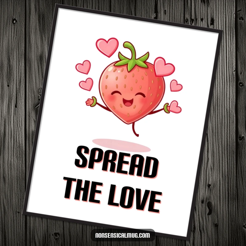 Funny cheerful strawberry character joyfully juggling hearts on a vibrant poster, a sweet and humorous wall art piece.