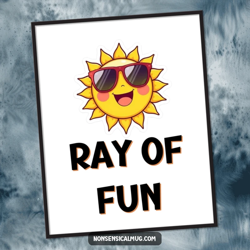Funny Poster: Cheerful sun character beaming powerfully behind oversized sunglasses, creating a cool art piece.
