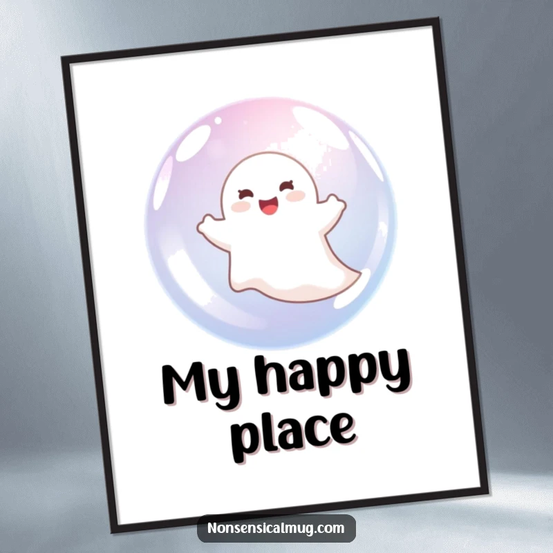 Funny delighted ghost floating happily inside a large bubble, displayed as charming and humorous wall art.