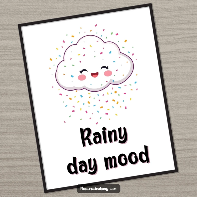 Funny poster showcasing a smiling cloud gushing colorful confetti, creating a cheerful and festive explosion of celebration.