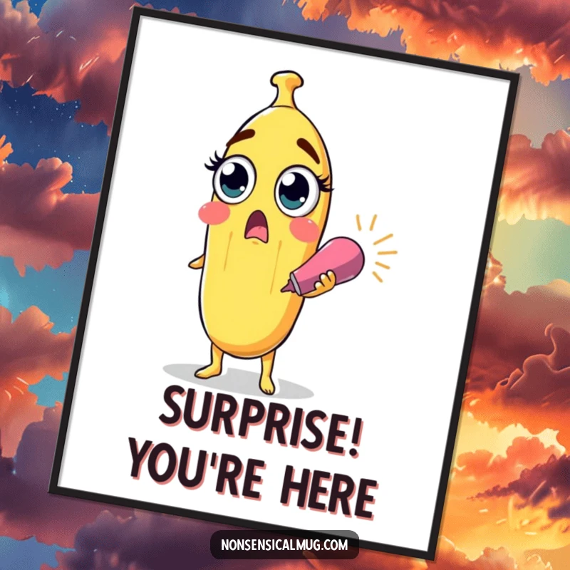 Funny surprised banana character with wide eyes holding a party popper, designed as vibrant wall art, a humorous decorative piece.