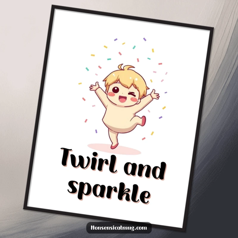 Funny poster: a cute kawaii character joyfully performs a cartwheel, scattering a shower of colorful confetti.