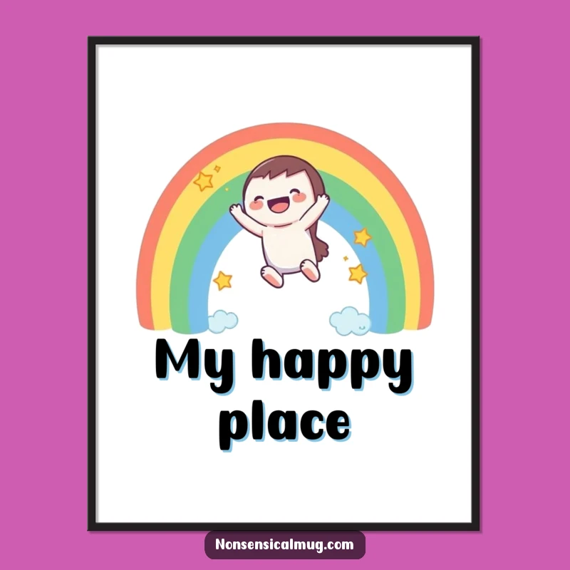 Vibrant Funny Rainbow Adventure Poster: A Laughing Character's Sky-High Delight!