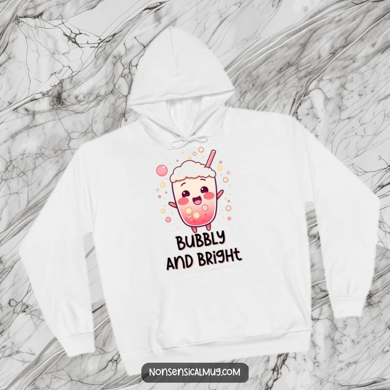 Funny hoodie featuring a bubbly soda character exploding with excitement, surrounded by lively fizz and effervescence.