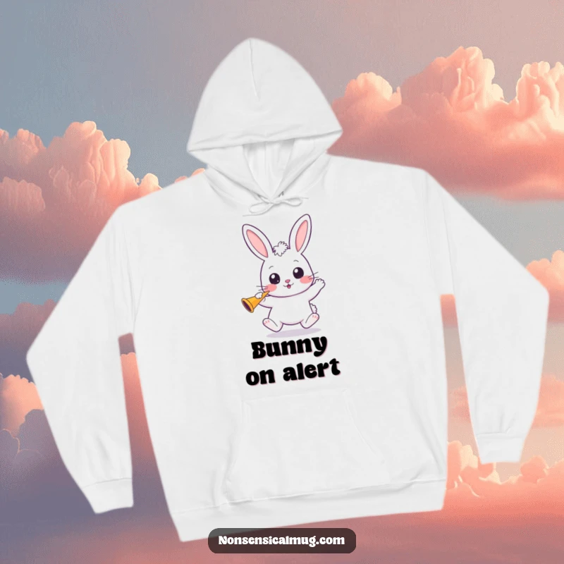 Funny Kawaii Bunny Hoodie: A cute kawaii bunny bounces with anticipation, holding a party horn, ready for fun.