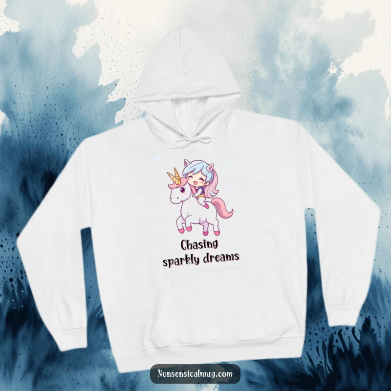 Funny hoodie graphic of a giggling character happily riding a unicorn crafted entirely from shimmering, iridescent bubbles.