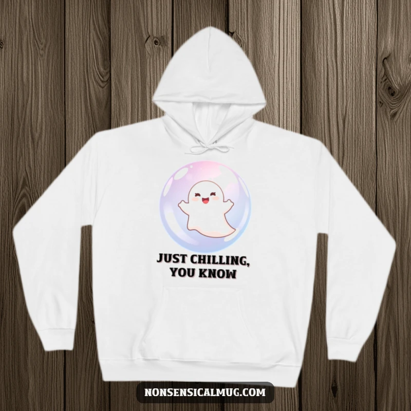 Funny ghost in a bubble on a cozy hoodie, captured mid-float with sheer delight and happiness.