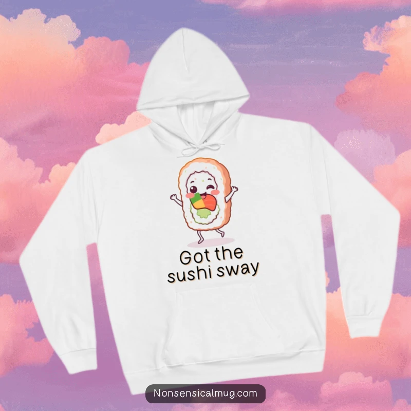 Cheery sushi roll character doing a lively jig, featured on a comfortable hoodie, perfect for staying warm and amused.