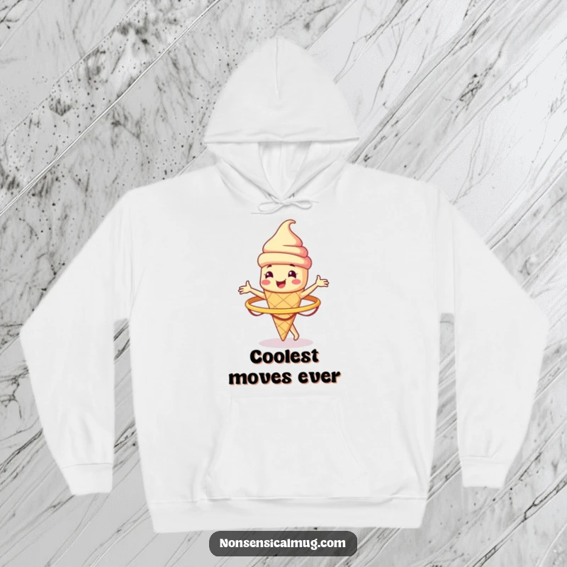 Funny smiling ice cream cone character spinning a hula hoop on a soft hoodie, for cozy humor and cool vibes.