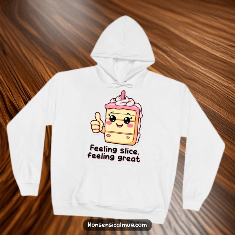 Funny hoodie depicting a happy slice of cake giving a thumbs up, embodying cozy dessert enjoyment and giddiness.