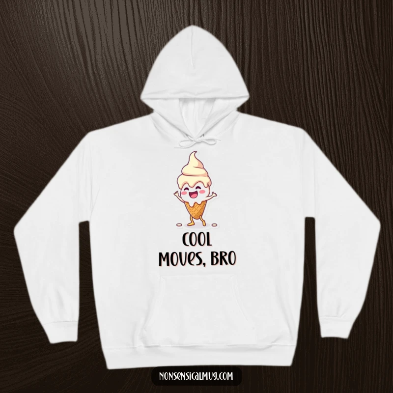 Funny kawaii melting ice cream cone character doing a silly dance on a soft hoodie, embodying sweet, carefree joy.