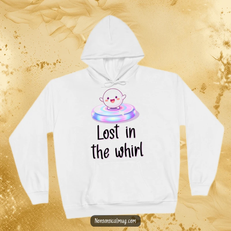 Funny Hoodie: A playful, spherical character gleefully spinning on a vibrant, iridescent platform, perfect for cozy fun.