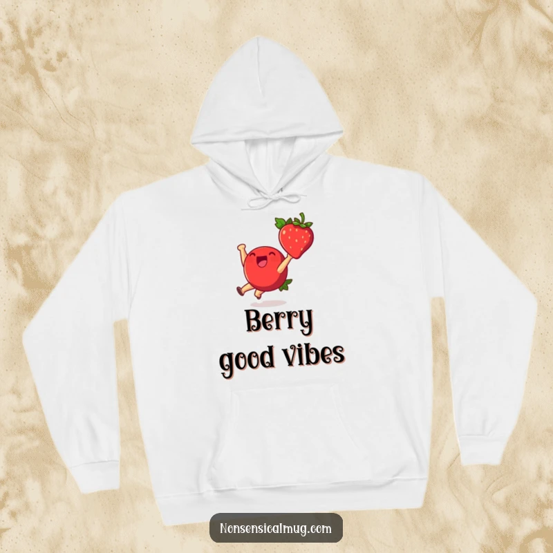 Funny hoodie design: a vibrant strawberry character executing a perfectly cheerful cartwheel with legs in the air and a wide, happy grin.
