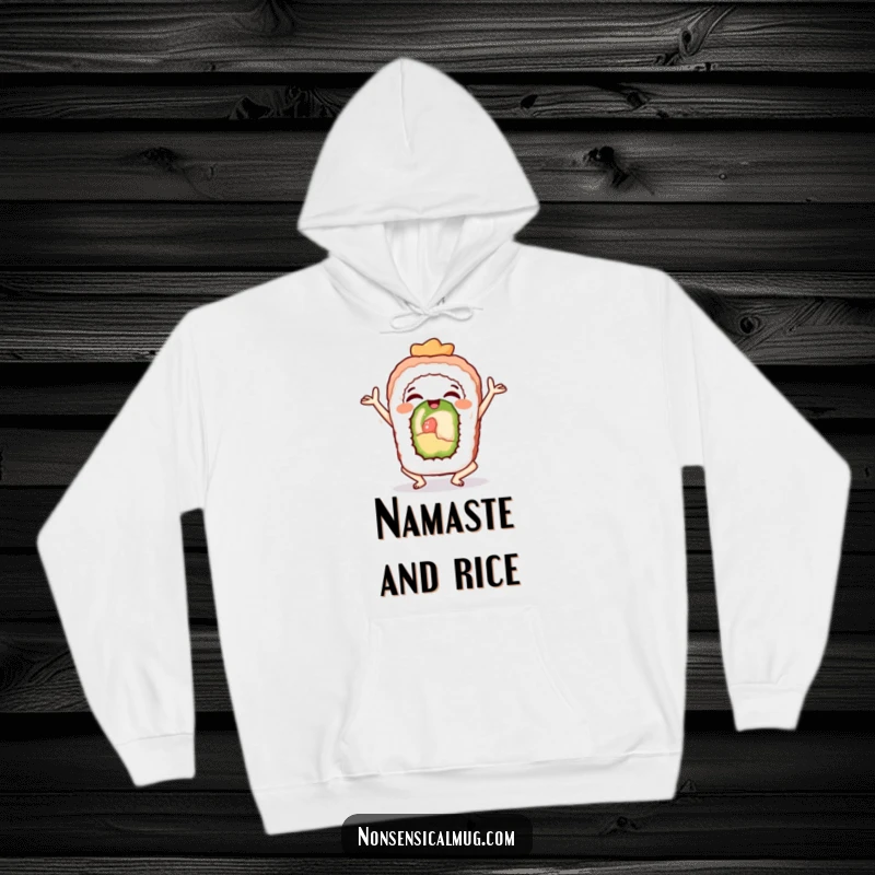 Funny sushi roll in a serene yoga pose on a cozy hoodie, offering humorous relaxation.