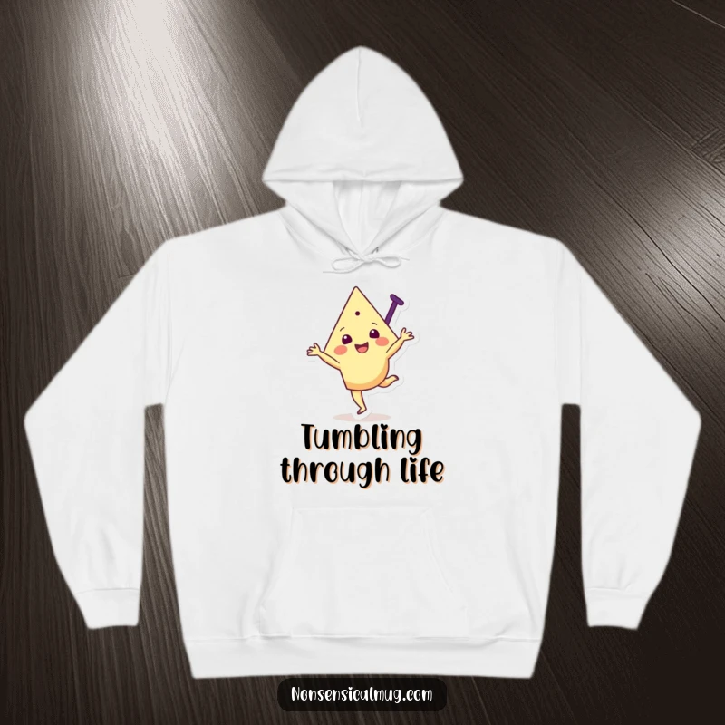 Funny hoodie showcasing a joyful triangular character happily performing a cartwheel, designed for comfort and playful movement.