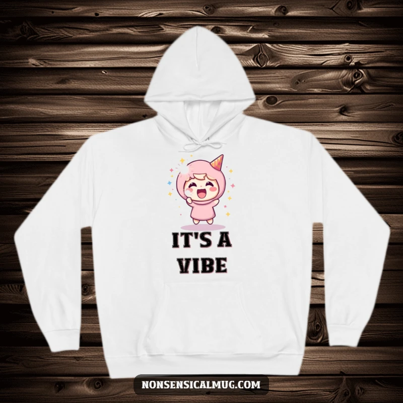 Funny hoodie showcasing a gleeful character enthusiastically firing a sparkling party popper, radiating pure celebratory energy and joy.