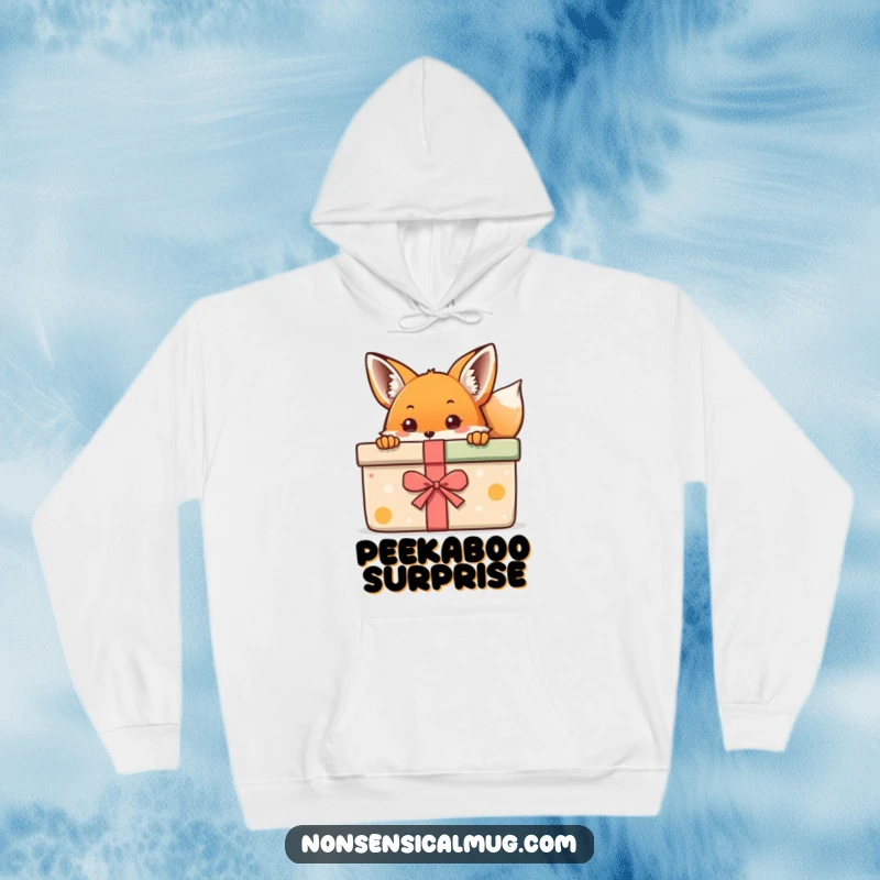 Kawaii Fox Hoodie: A shy, kawaii fox peeking from behind a brightly wrapped gift, radiating cuteness.