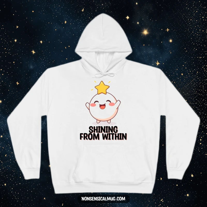 Funny Hoodie: A cheerful, round character joyfully bouncing a radiant star off its head, cozy and full of wonder.