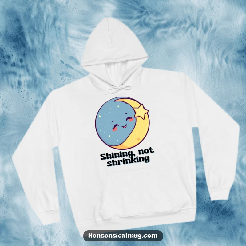 Funny smiling moon winking playfully at a twinkling star, printed on a cozy hoodie for nighttime comfort.