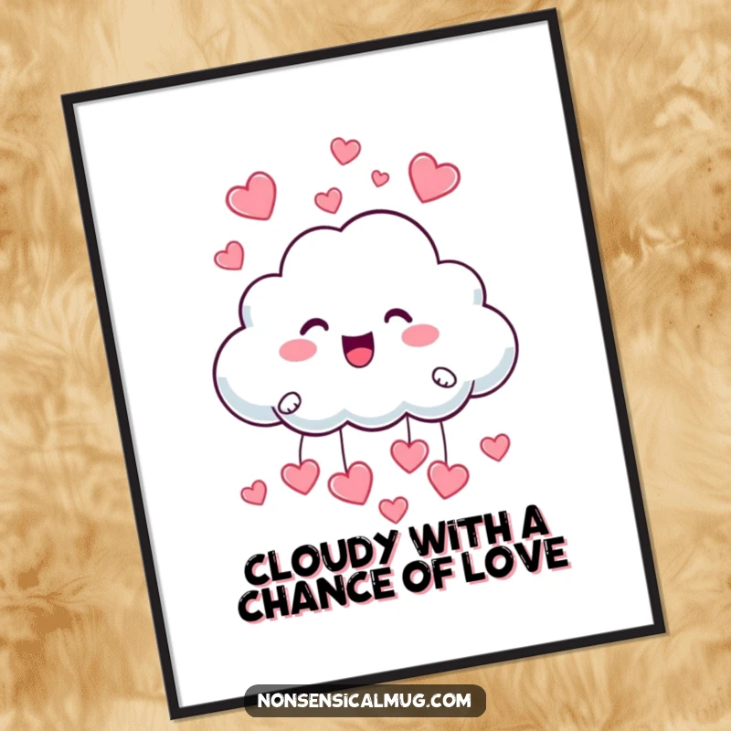 Funny Free Printable Wall Art: A cheerful cloud character gleefully raining down a shower of tiny, cute hearts.