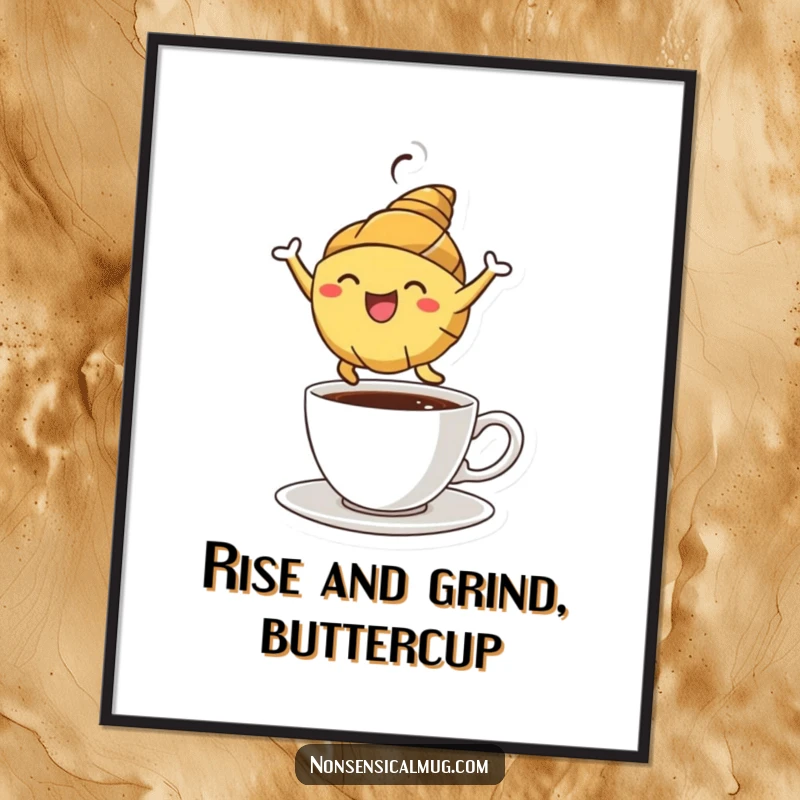 Funny Free Printable Wall Art: A happy croissant character joyfully leaping over a coffee cup with energetic flair.