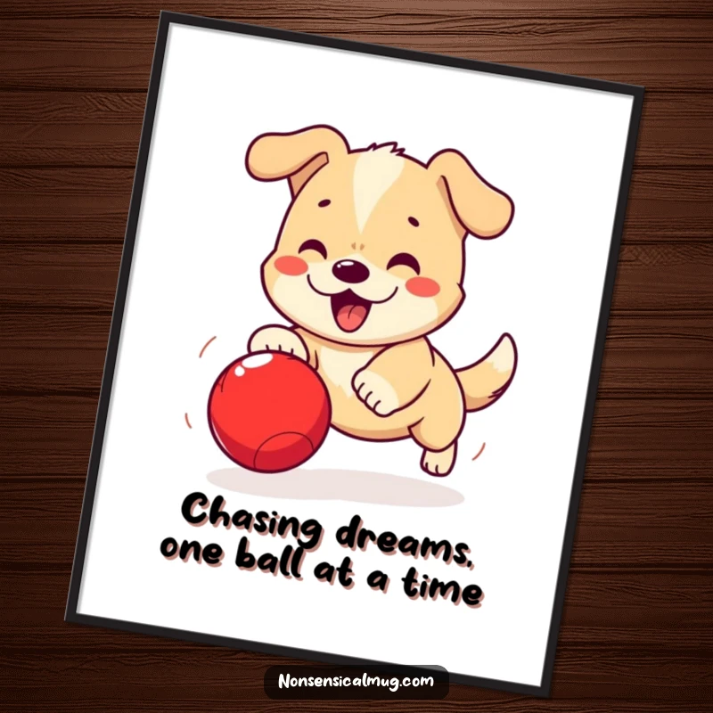 Funny Free Printable Wall Art: Goofy kawaii dog mid-air, eyes locked on a bouncing red ball, full of playful energy.