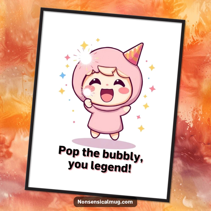 Funny Free Printable Wall Art: A cheerful character joyfully launches a sparkling party popper, creating a scene of pure celebration and fun.