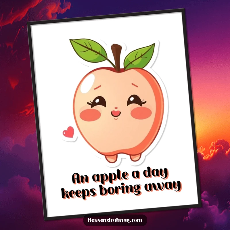 Funny Free Printable Apple Wall Art depicting a blushing apple joyfully blowing a kiss, adding a sweet and whimsical touch.