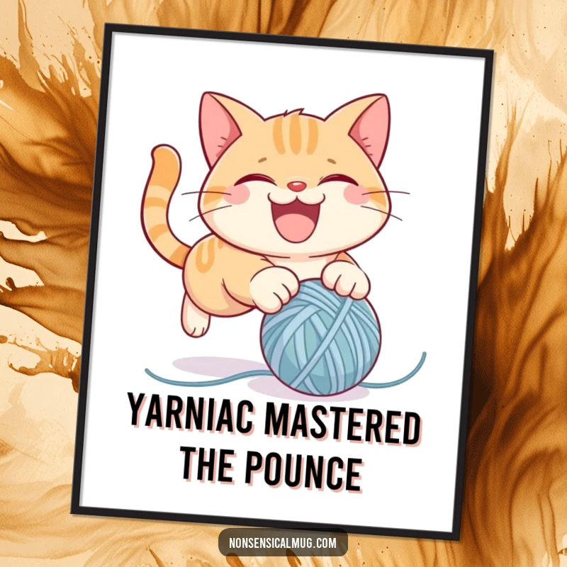 Funny Free Printable Cat Wall Art showing a mischievous cat gleefully pouncing on a bouncy ball of yarn, capturing pure playful chaos.