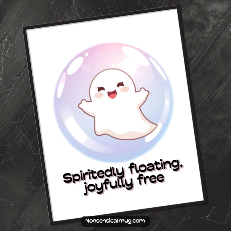Funny free printable wall art of a delighted cartoon ghost happily floating inside a large, transparent bubble. Whimsical decor.