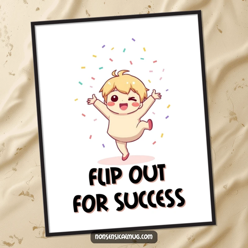 Funny Free Printable Wall Art: A Kawaii character does a cartwheel, joyfully throwing confetti everywhere.