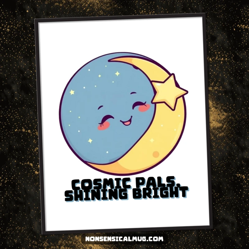 Funny free printable wall art depicting a smiling moon winking playfully at a bright, twinkling star against a starry night.